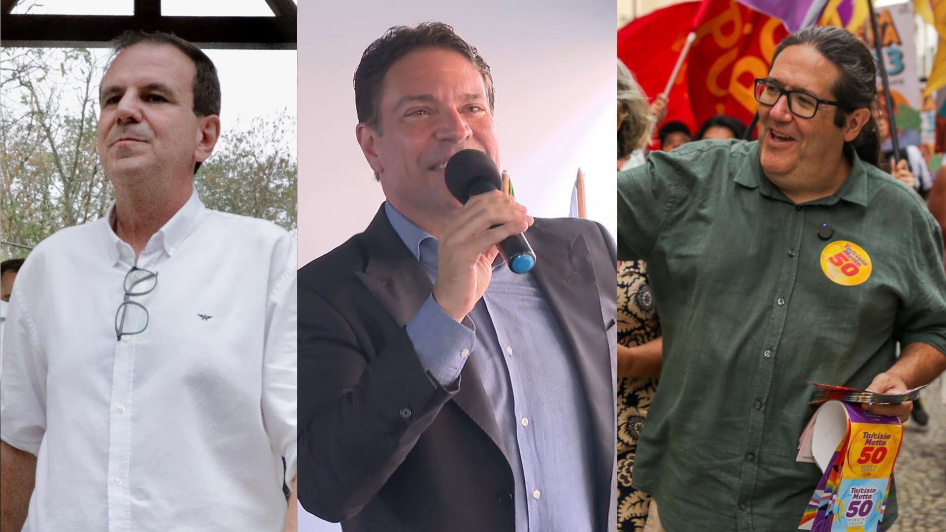 Candidatos à Prefeitura do Rio de Janeiro Eduardo Paes, Alexandre Ramagem e Tarcísio Motta em campanha nesta sexta (27)