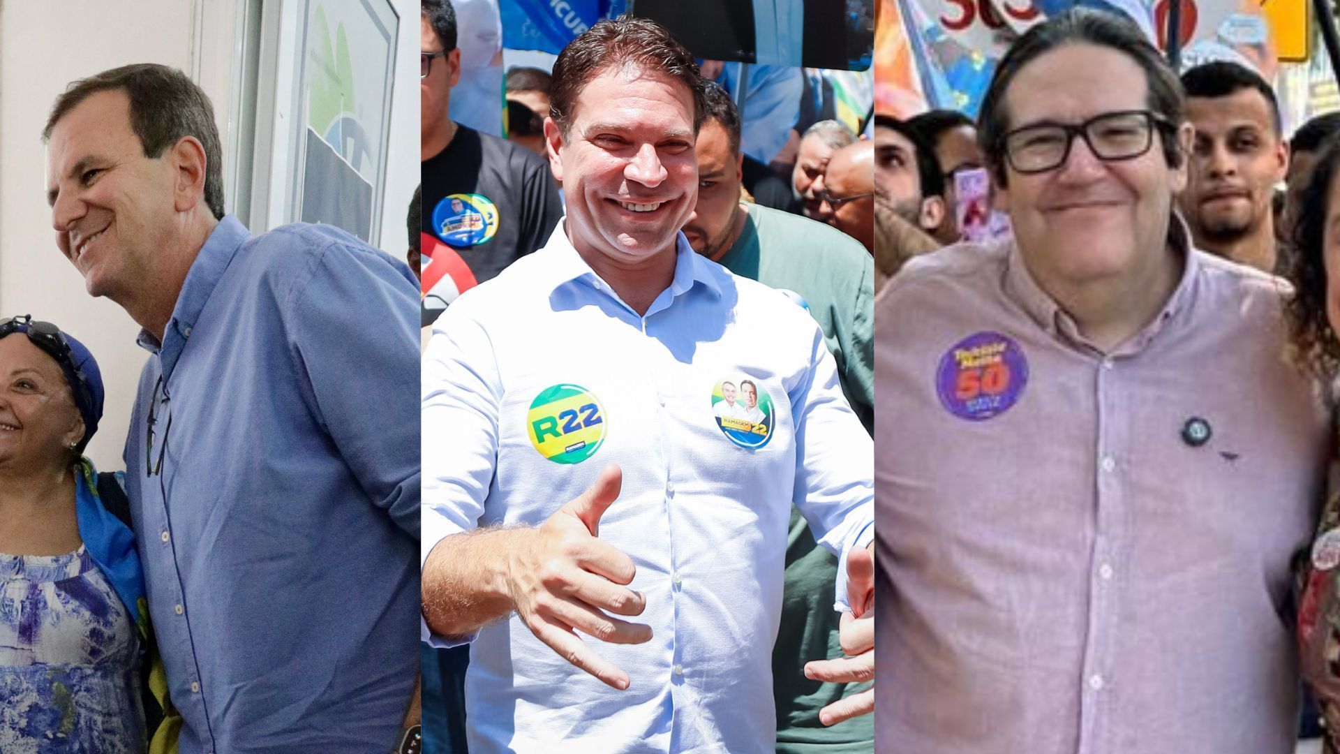 Candidatos à Prefeitura do Rio Eduardo Paes, Alexandre Ramagem e Tarcísio Motta em campanha