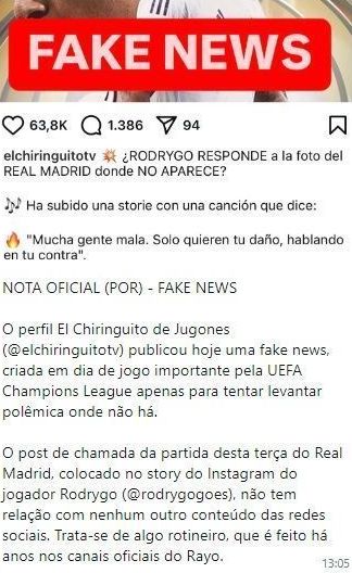 Rodrygo rebate programa de TV da Espanha em nota oficial • Reprodução/Instagram