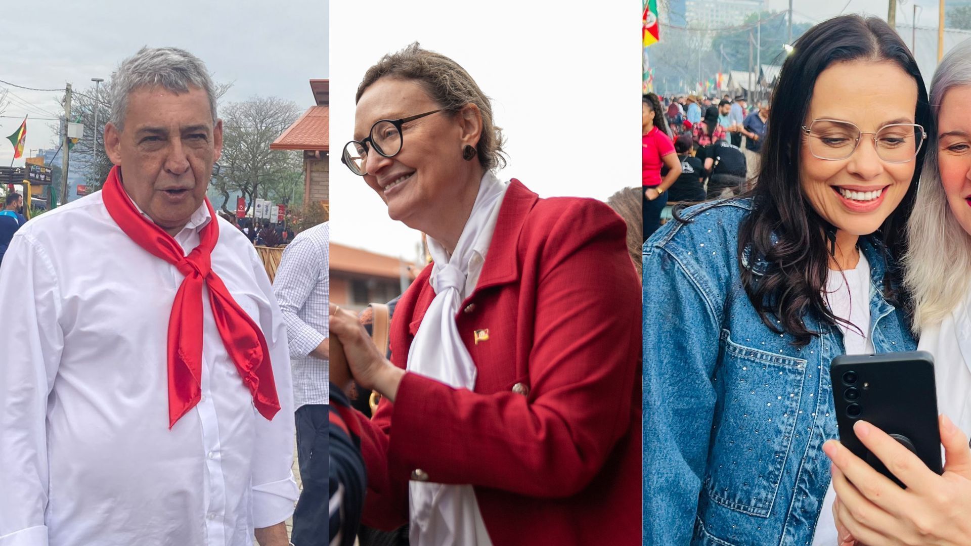 Candidatos à Prefeitura de Porto Alegre Sebastião Melo, Maria do Rosário e Juliana Brizola em campanha no Acampamento Farroupilha nesta sexta (20)