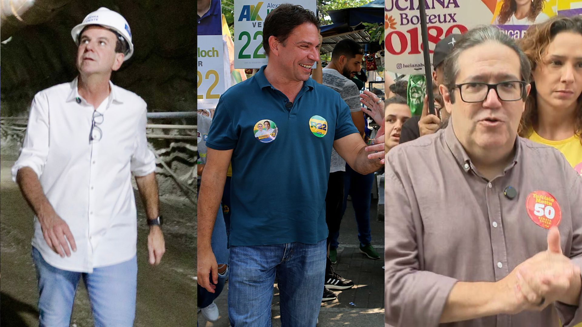 Candidatos à Prefeitura do Rio Eduardo Paes, Alexandre Ramagem e Tarcísio Motta em campanha política nesta sexta-feira (20)