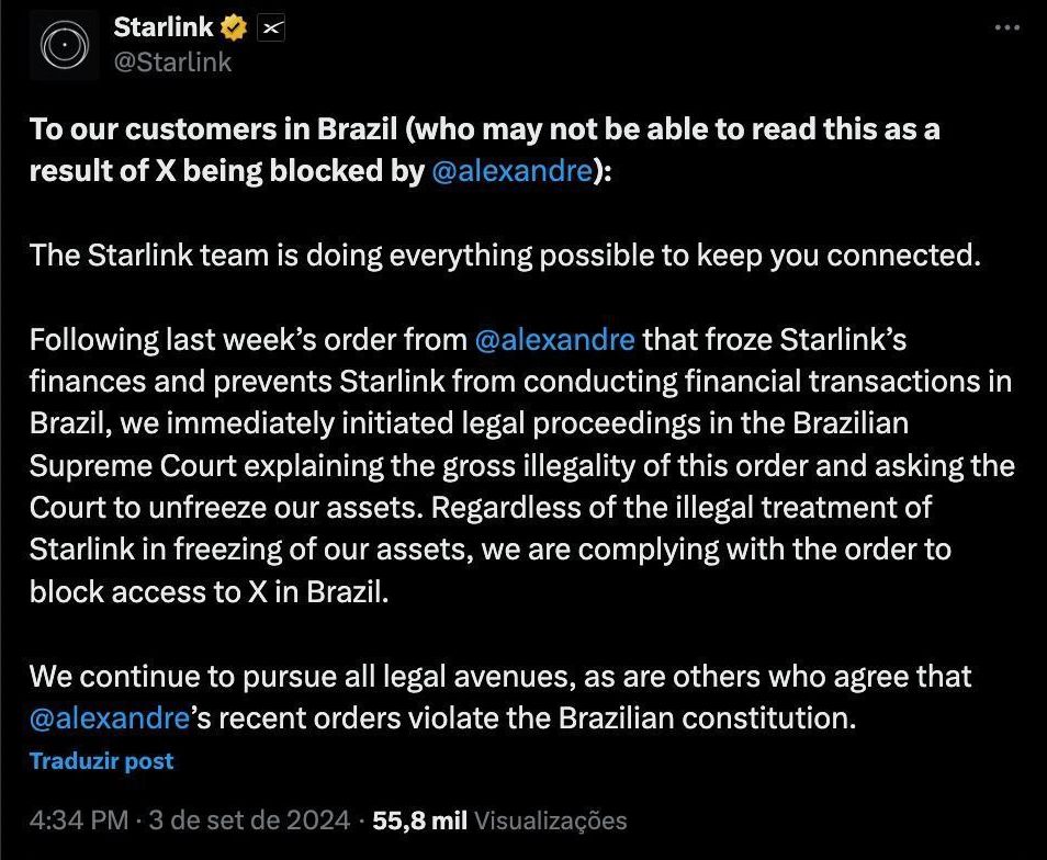 Starlink falando sobre cumprir a determinação do X na própria rede social • Reprodução/CNN
