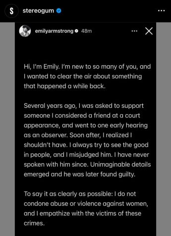 Declaração de Emily Armstrong • Reprodução/ Instagram