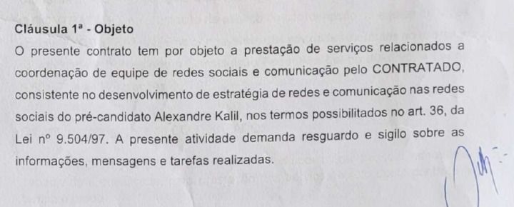 Objeto do contrato entre o PSD-BH e a empresa de Manuela d'Ávila, que não consta no TSE • Reprodução