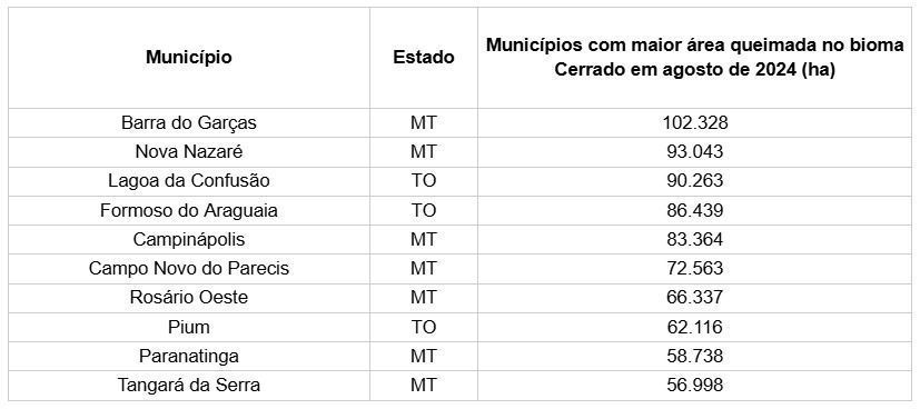 Área queimada por municípios em agosto de 2024. • Fonte: IPAM/Monitor do Fogo
