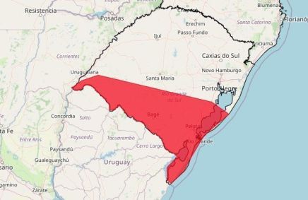 Faixa da área de alerta para tempestades no Rio Grande do Sul