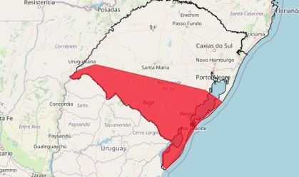 Faixa da área de alerta para tempestades no Rio Grande do Sul
