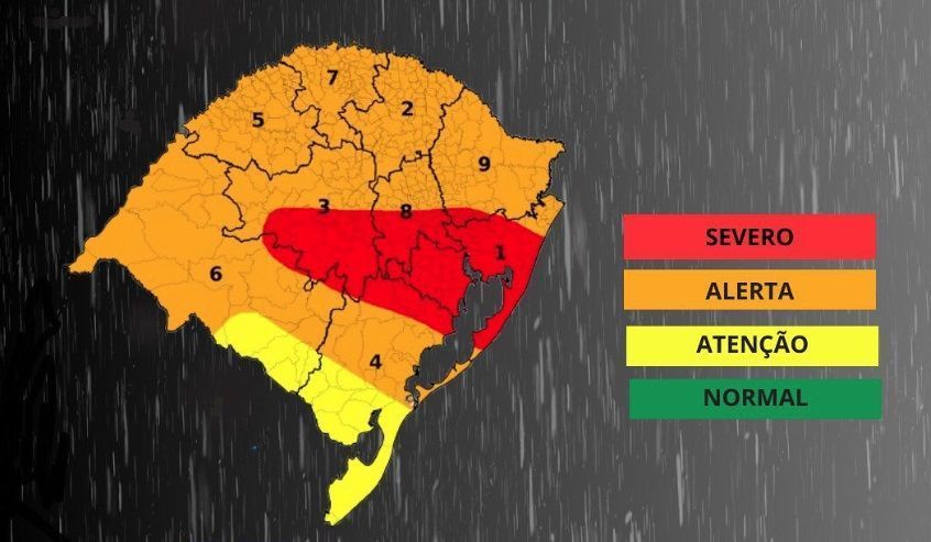 A Defesa Civil do Rio Grande do Sul emitiu um alerta de risco severo de inundação em áreas do estado. • Defesa Civil do Rio Grande do Sul