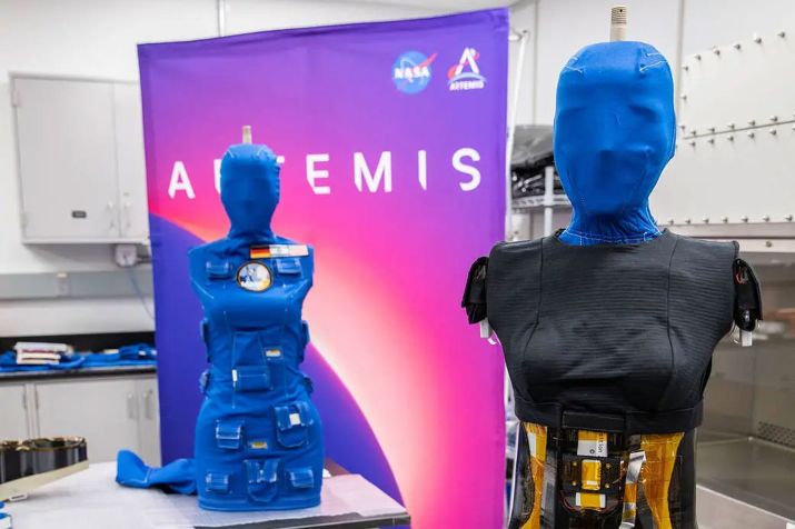 Os torsos de manequim Helga (à esquerda) e Zohar foram retornados à Terra pela missão Artemis I para os pesquisadores verificarem quanto de radiação estavam expostos; Zohar usava um colete protetor • Cortesia da Nasa