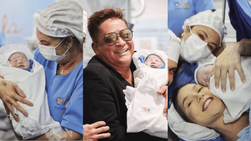 Da esq. para dir.: Margareth Serrão, Leonardo e Poliana Rocha com o novo neto, José Leonardo