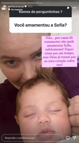 Em stories publicados no Instagram, Camila Campos lamentou não poder amamentar sua filha devido ao tratamento contra câncer • Instagram/Camila Campos