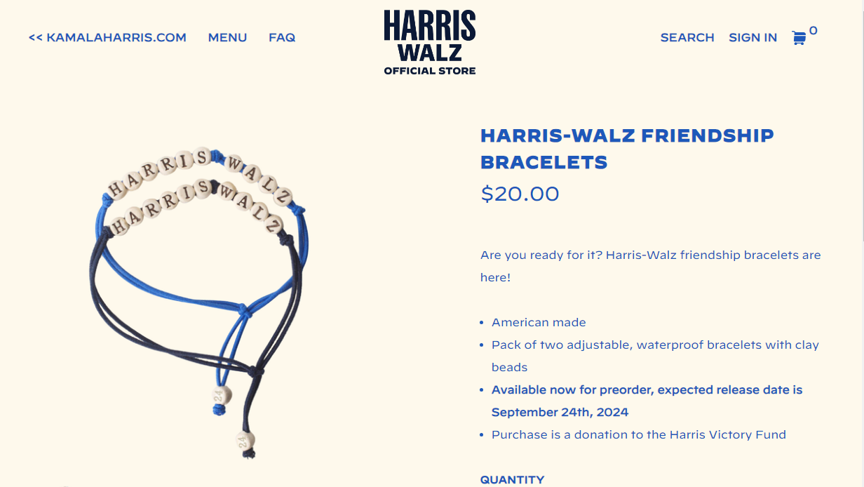 Campanha de Kamala vende "pulseiras da amizade" após apoio de Taylor Swift