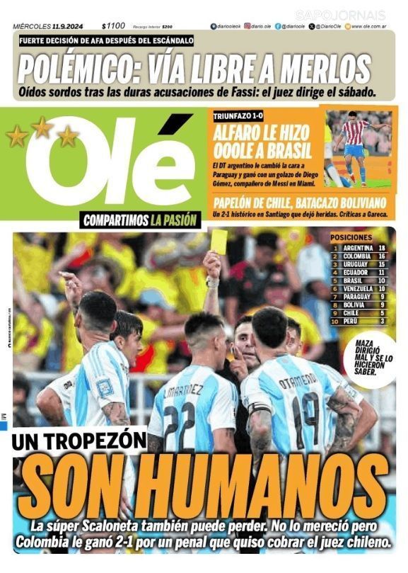 Capa do diário Olé destacou derrota do Brasil para o Paraguai • Reprodução/Olé