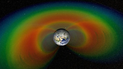 Ilustração que mostra os cinturões de Van Allen; uma seção cortada dos dois donuts gigantes de radiação que cercam a Terra