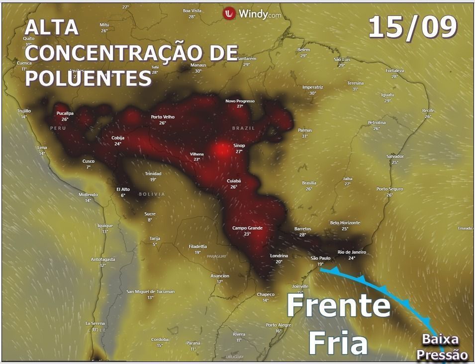 Mapa mostra efeitos da frente fria com baixa pressão, transportando poluentes para o Centro-Oeste • Heloísa Pereira