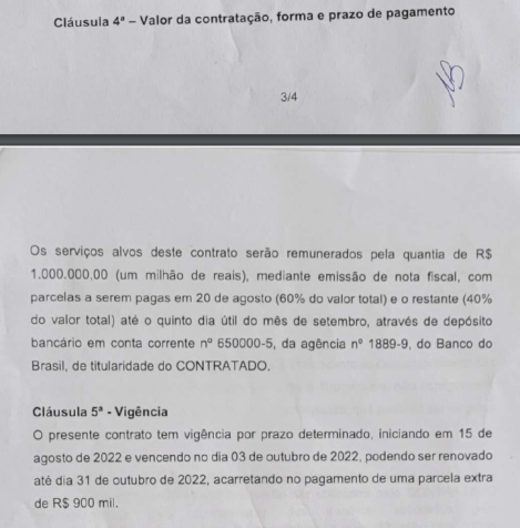 Forma de pagamento entre o contrato do PSD de Belo Horizonte e a empresa de Manuela d'Ávila • Reprodução