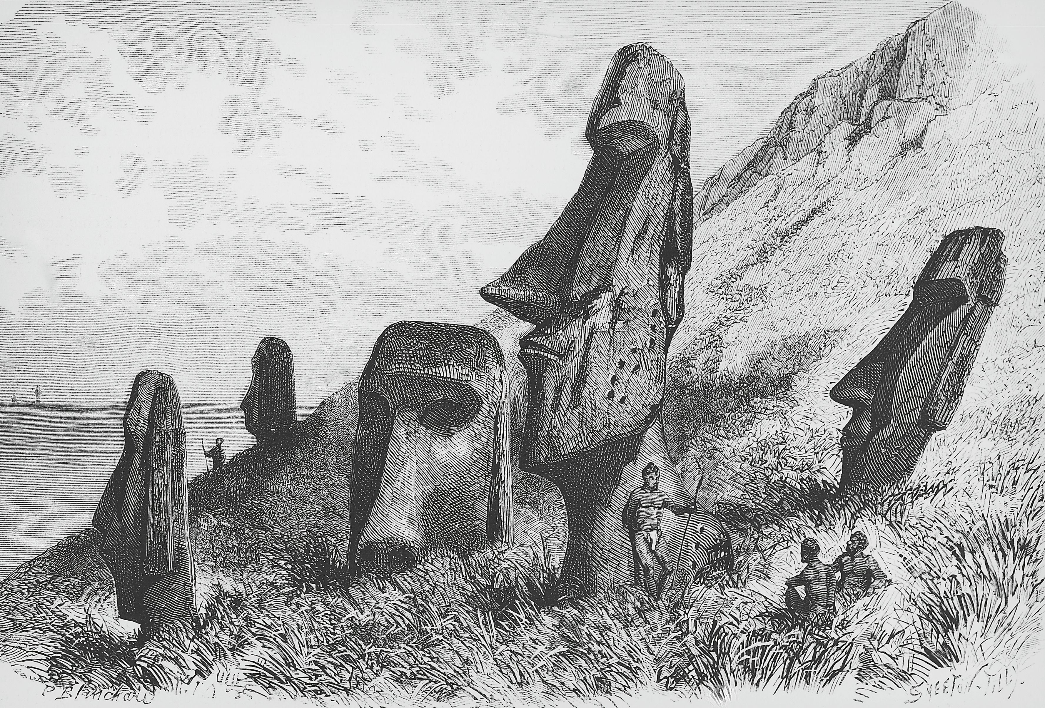 Rapa Nui hoje faz parte do Chile e há muito tempo é uma fonte de fascínio; gravura mostra as estátuas gigantes na cratera vulcânica Rano Raraku • DEA / J. L. CHARMET/De Agostini via Getty Images