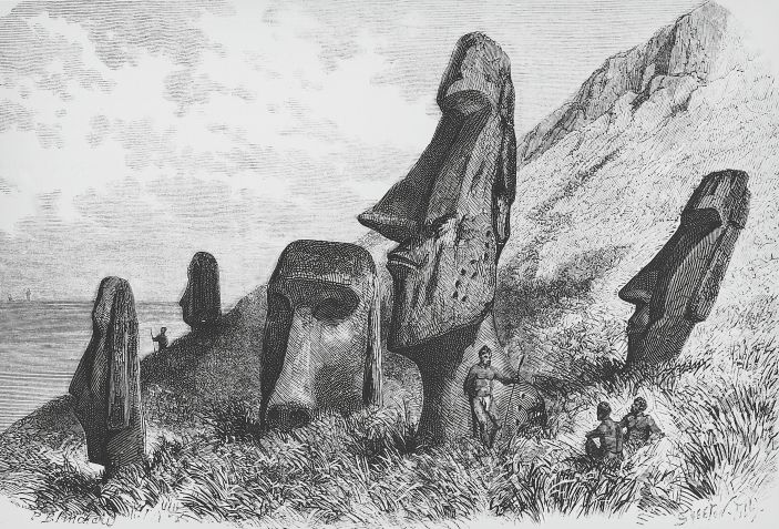 Rapa Nui hoje faz parte do Chile e há muito tempo é uma fonte de fascínio; gravura mostra as estátuas gigantes na cratera vulcânica Rano Raraku • DEA / J. L. CHARMET/De Agostini via Getty Images
