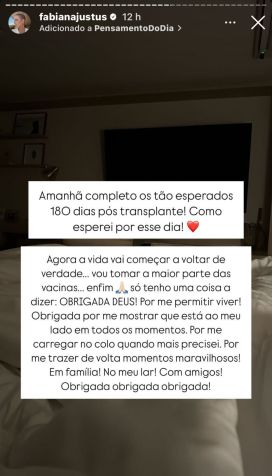 Influenciadora chegou aos 180 dias de seu transplante e comemorou nas redes • Instagram/Fabiana Justus