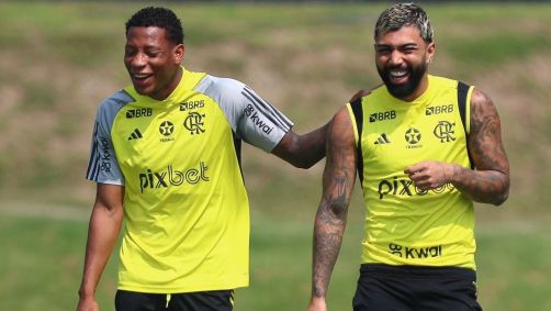 Gonzalo Plata e Gabigol em treino do Flamengo
