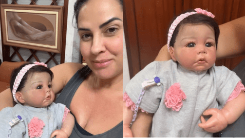 Ela contou que o brinquedo foi feito a partir de fotos do casal simulando como seriam os filhos
