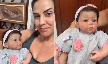 Ela contou que o brinquedo foi feito a partir de fotos do casal simulando como seriam os filhos