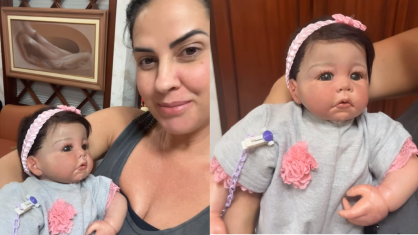 Ela contou que o brinquedo foi feito a partir de fotos do casal simulando como seriam os filhos