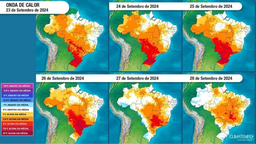 Mapa mostra anomalia, desvio em relação a média de temperatura no Brasil. • Climatempo