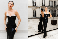 Na Semana de Moda de Paris, Isis Valverde aposta em vestido de vinil; veja