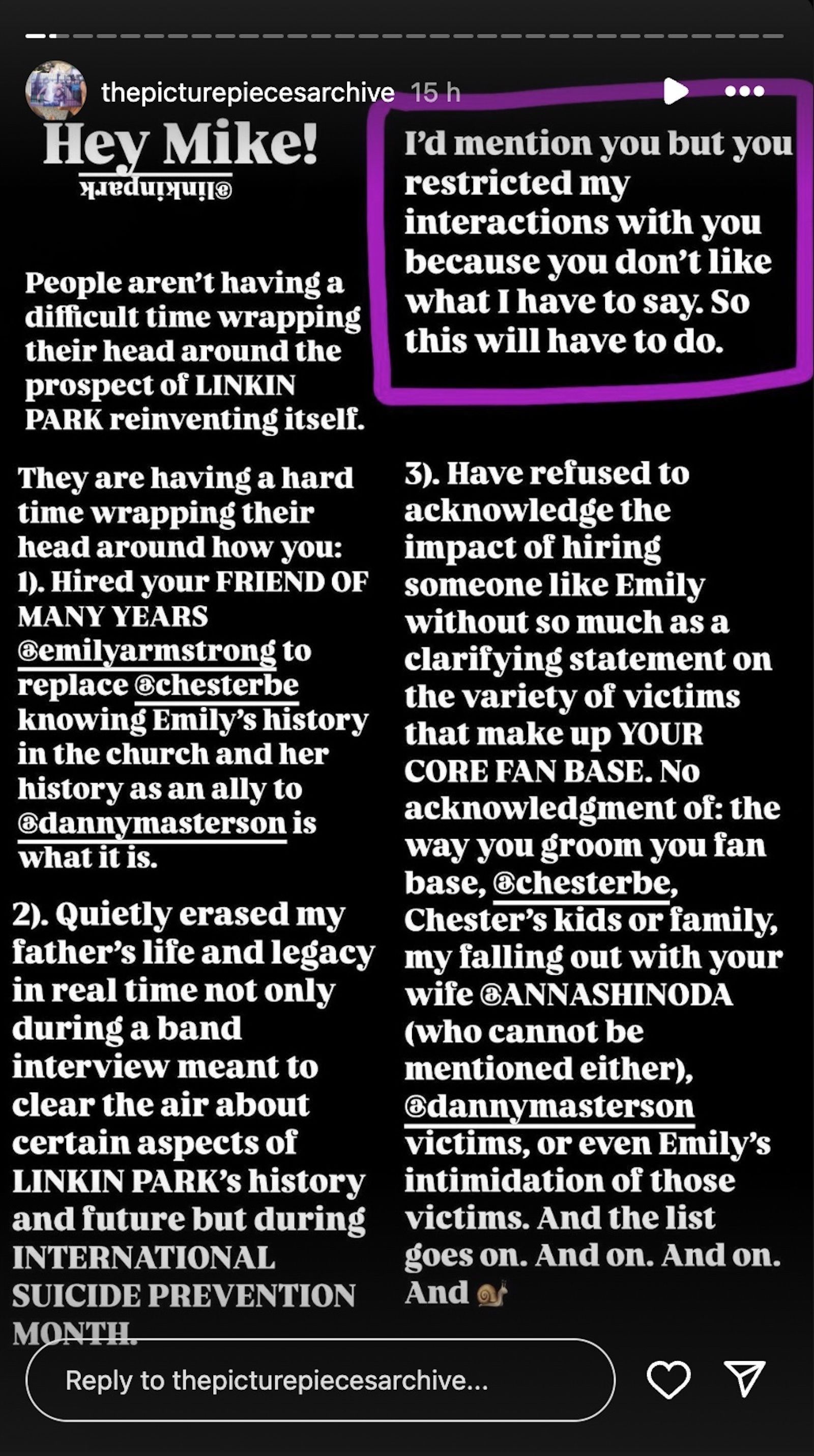 Filho de Chester Bennington critica Mike Shinoda por escolha de nova vocalista • Reprodução/Instagram