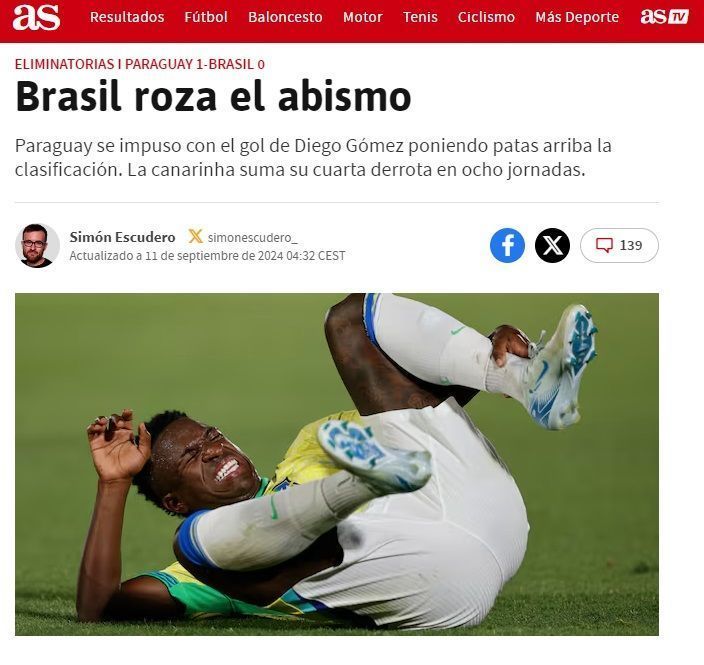 Jornal AS criticou desempenho de Vinicius Jr. • Reprodução/jornal AS