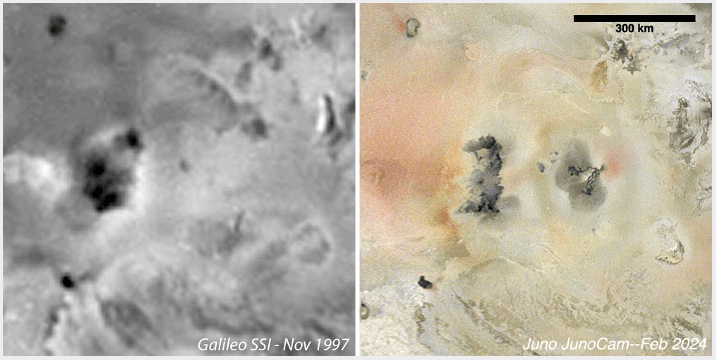 Uma comparação lado a lado das imagens da sonda Galileo em novembro de 1997 (esquerda) com dados da JunoCam da mesma área de fevereiro de 2024 (direita) revela uma nova característica vulcânica na superfície da lua de Júpiter, Io • NASA/JPL-Caltech/SwRI/MSSS.