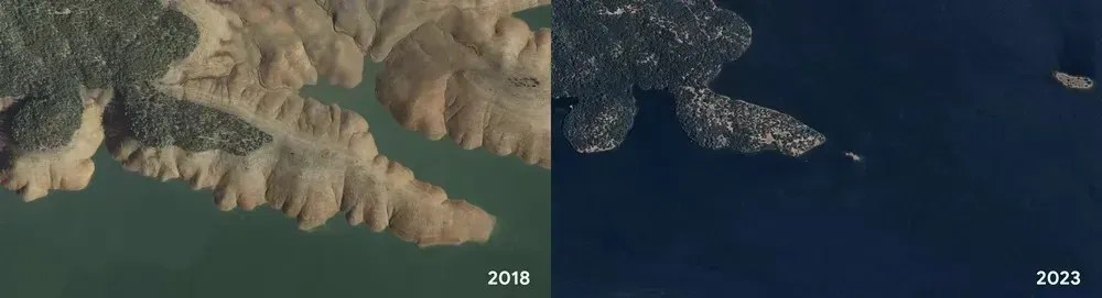 O Lago Oroville sofreu níveis terríveis de redução de água (2018). Em 2023, uma série de chuvas gradualmente encheu o reservatório de volta à capacidade máxima. • Google Earth/Divulgação