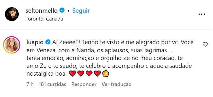Comentário de Luana Piovani na publicação de Selton Mello • Reprodução/Instagram