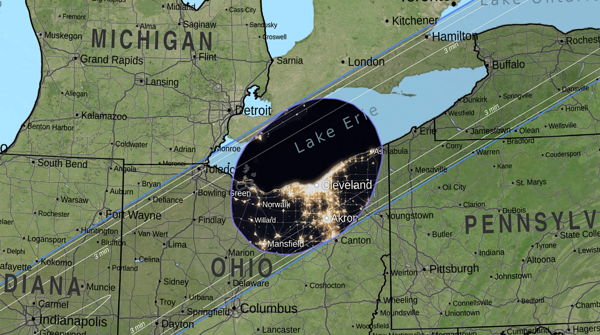 Mapa mostrando a umbra (sombra central da Lua) passando por Cleveland às 15h15, horário local, durante o eclipse solar total de 8 de abril de 2024 • Nasa SVS/Ernie Wright e Michaela Garrison