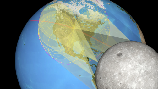 Vistas de trás da Lua, as imagens do Sol projetadas pelos vales lunares na borda da Lua incidem sobre a superfície da Terra em um padrão semelhante a uma flor com um buraco no meio, formando a umbra