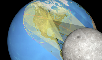 Vistas de trás da Lua, as imagens do Sol projetadas pelos vales lunares na borda da Lua incidem sobre a superfície da Terra em um padrão semelhante a uma flor com um buraco no meio, formando a umbra