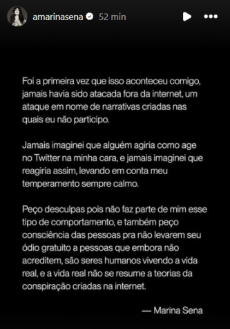 Marina Sena se pronuncia após viralizar vídeo em que parte para cima de jovem. • Instagram/Marina Sena