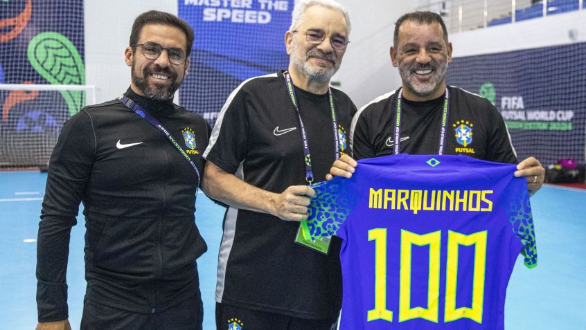 Marquinhos Xavier completou 100 jogos na Seleção Brasileira de Futsal • Foto: Leto Ribas/CBF
