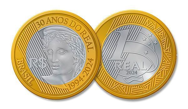 Design da moeda comemorativa de R$ 1 em homenagem aos 30 anos do Plano Real • Banco Central/Divulgação