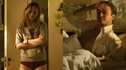 Montagem com Dakota Johnson e Justin Timberlake em "A Rede Social"