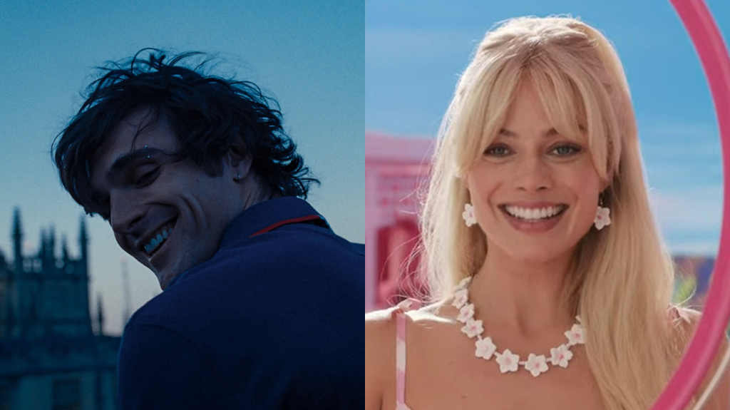 Montagem com Jacob Elordi em "Saltburn" e Margot Robbie em "Barbie"