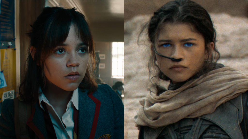 Montagem com Jenna Ortega em "Beetlejuice Beetlejuice" e Zendaya em "Duna"