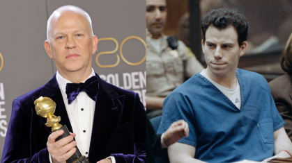 Montagem com Ryan Murphy no Globo de Ouro e Erik Menendez em julgamento