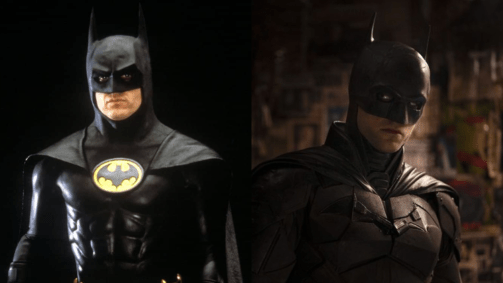 Montagem com Michael Keaton e Robert Pattinson vestido como Batman em seus respectivos filmes