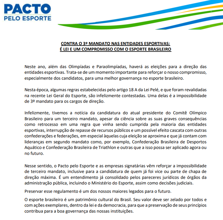 Pacto Pelo Esporte divulga manifesto em repúdio à candidatura de Paulo Wanderley para eventual terceiro mandato no COB • Divulgação