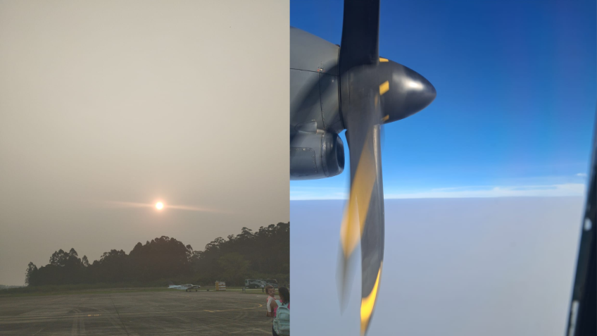 Testemunhas registram imagens durante um voo que mostram o céu coberto por uma densa camada de fumaça, na cidade de Santa Maria • Arquivo pessoal/Luiza Luz