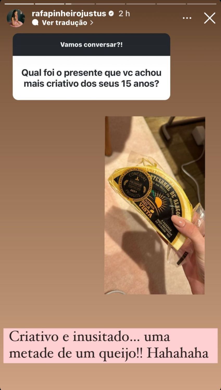 Rafaella Justus mostrou que ganhou a metade de um queijo em sua festa de 15 anos • Instagram/Rafa Justus