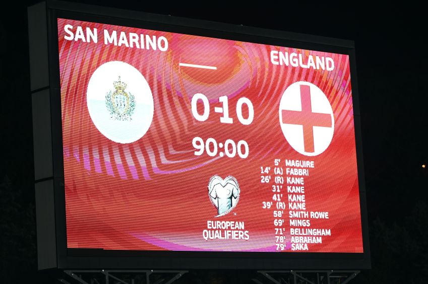 San Marino foi goleado por 10 a 0 pela Inglaterra nas Eliminatórias para a Copa de 2022 • Alessandro Sabattini/Getty Images
