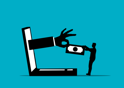 A imagem apresenta um fundo azul com uma ilustração no centro, em que uma pessoa pequena puxa o dineiro de uma mão saindo da tela de um notebook, em referência ao tema de golpes na web.
